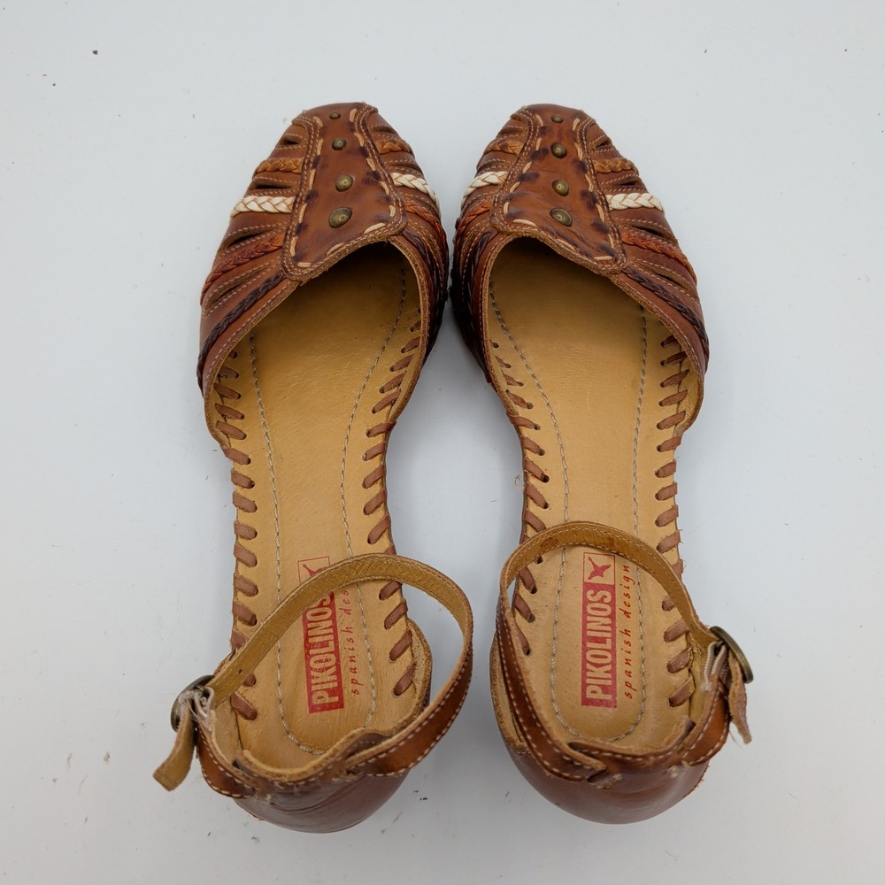 Pikolinos Mahon Brown Leather Huarache Wedge Sandal Women 40 Braided Ankle Strap - Picture 6 of 8